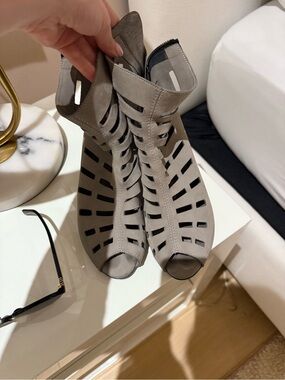 Arche Gray Laser-Cut Peep-Toe Ankle Boots